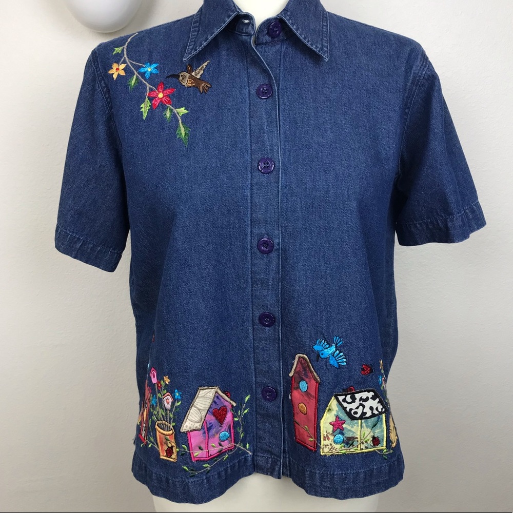 New Direction Jean Button Down Embroidered Blouse - image 2